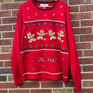 Jolly Sweaters Men's Ugly Christmas Sweater Red "Oh Snap" Gingerbread Large